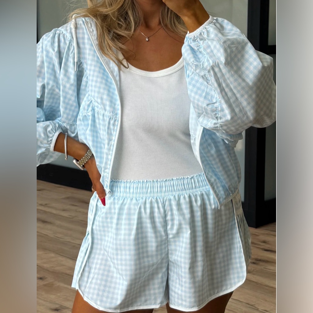 Nwt Tallulah Boutique Light Blue Gingham Athletic Shorts And Jacket